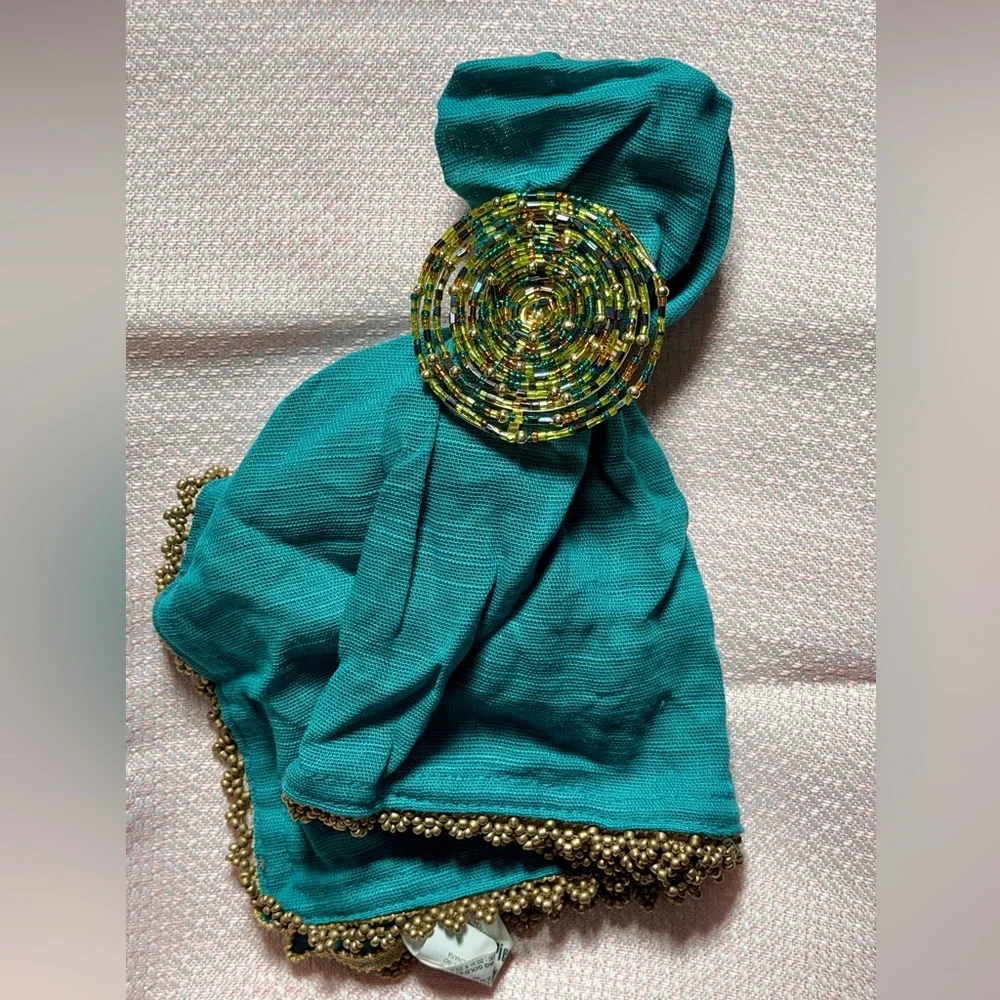 Pier 1 Beaded Napkin Rings Set of 4 Green Gold Jewel tones - EUC